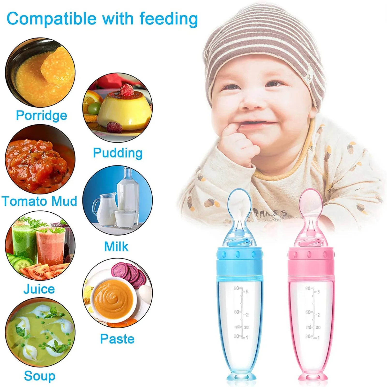 Depressible Silicone Baby Feeding Spoon & Bottle